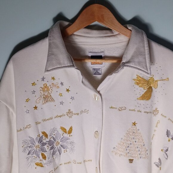 Womens Christmas Sweatshirt Plus Size 4X White Button Up Holiday Angels Festive - Picture 2 of 8